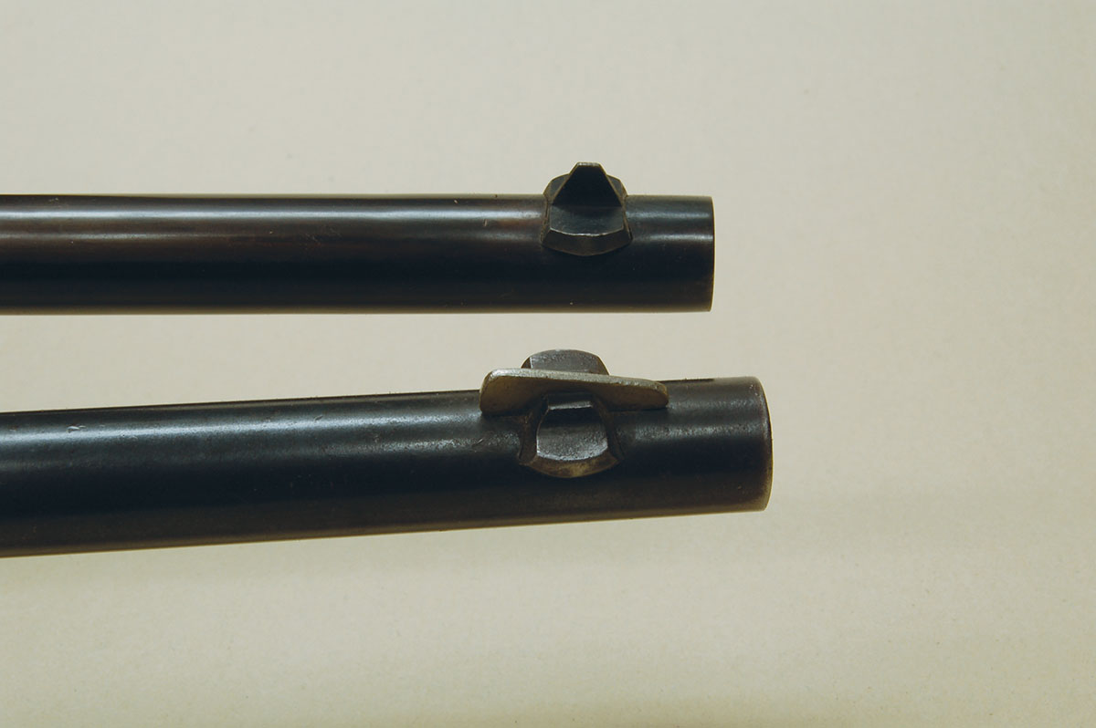 The oldest Favorites had a one-piece front sight (top). Later, Rocky Mountain front sights were available for an extra charge (bottom) and still later, Rocky Mountains were standard.